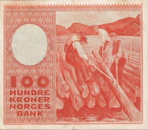 Erik Werenskiold, Lensekara, 1938. Motivet frå Kviteseid pryda hundrekroner-setelen til Noregs Bank frå 1949.
